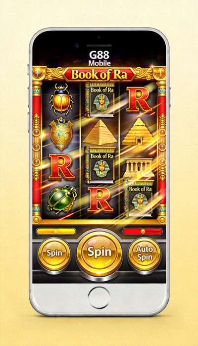 Gameplay mesin slot populer 'Book of Ra' di M88 Mobile dengan kontrol spin yang mudah diakses