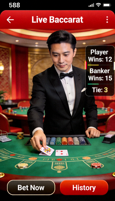 Sesi permainan Live Baccarat di M88 Mobile yang menampilkan dealer langsung dan statistik permainan