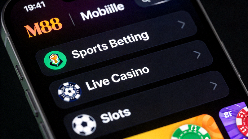 Tampilan close-up antarmuka M88 Mobile yang menunjukkan menu taruhan olahraga, live casino, dan slot yang terorganisir rapi